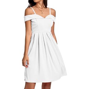 LYANER Women's Cold Shoulder Sweetheart Neck Off Shoulder Pleated Flowy Short Dress