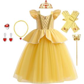 HIHCBF Girls Beauty and The Beast Costume Belle Princess Birthday Party Christmas Halloween Fancy Dress w/Accessories Set