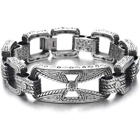 COOLSTEELANDBEYOND Mens Large Steel Tattoo Cross ID Identity Link Chain Bangle Bracelet with Cubic Zirconia Retro Style