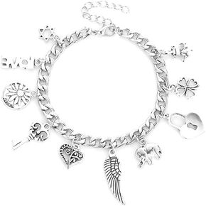 Dainty Alloy Metal Silver Chain Bracelets match wing key elephant accessoriesfor Women Adjustable Stainless Steel Fashion Punk Bracelets for Women Girls Men Jewelry Gift