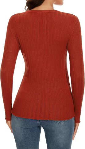 سترة نسائية من Genhoo بأكمام طويلة ومضلعة وخفيفة الوزن ورقبة مستديرة أساسية ومقاس نحيف سترة سفلية in Kuwait