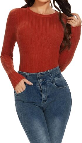 سترة نسائية من Genhoo بأكمام طويلة ومضلعة وخفيفة الوزن ورقبة مستديرة أساسية ومقاس نحيف سترة سفلية in Kuwait