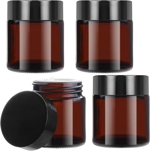 عبوة من 4 عبوات سعة 120 مل/4 اونصة من الزجاج الكهرماني لتخزين مستحضرات التجميل قابلة لاعادة الملء، حاوية عينات كبيرة مع بطانات داخلية واغطية سوداء لوضع المكياج والمرهم واللوشن وقناع كريم الوجه in Kuwait