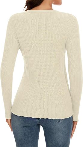 Genhoo Womens Ribbed Knit Long Sleeve Sweater Eyelet Lightweight Crewneck Basic Slim Fit Pullover Bottoming Sweater in Saudi Arabia