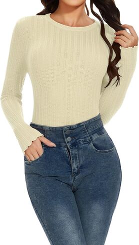 Genhoo Womens Ribbed Knit Long Sleeve Sweater Eyelet Lightweight Crewneck Basic Slim Fit Pullover Bottoming Sweater in Saudi Arabia