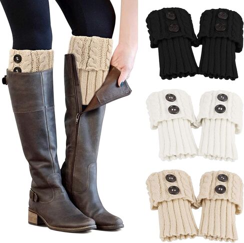 PHOGARY 3 Pairs Winter Warm Boot Cuffs for Women, Crochet Knitted Boot Socks for Girls Short Leg Warmers Boot Topper Socks Leg Cuffs Boot Warmers Gift (Black+ Beige+White) in Saudi Arabia