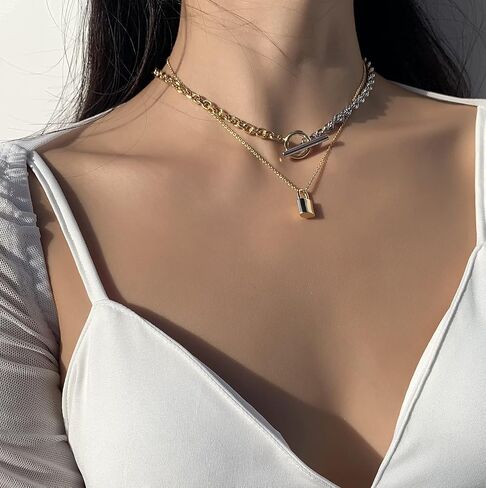 مشبك ورق سلسلة قلادة 18K الذهب مطلي حبل سلسلة البيضاوي ربط سلسلة المختنق تبديل المشبك قصيرة طبقات المختنق قلادة مجوهرات للنساء 16'' in Saudi Arabia