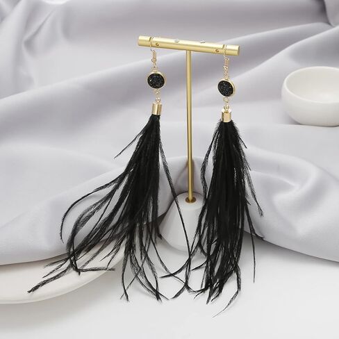 RUOFFETA Long Feather Earrings for Women, Bohemian Elegant Delicate Faux Druzy Charms Dangle Earrings in Kuwait