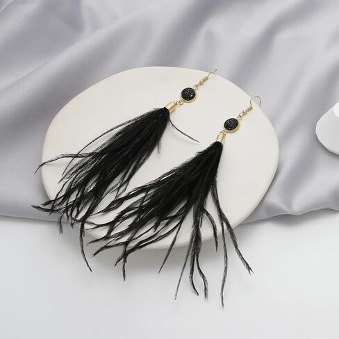 RUOFFETA Long Feather Earrings for Women, Bohemian Elegant Delicate Faux Druzy Charms Dangle Earrings in Kuwait