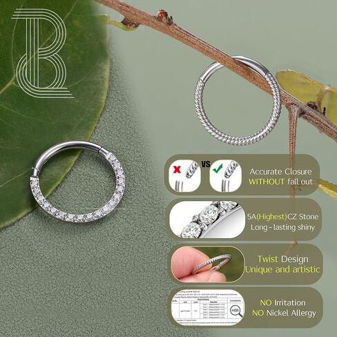 BodyBonita 2 قطعة من حلقات الأنف الملتوية الفضية الشفافة CZ 316L أقراط الغضروف الفولاذية الجراحية محارة Daith Helix Rook Tragus Lobe Snug Body Piercing Jewelry 18G 16G حلقات مقطعية حلقات الشفاه in Kuwait