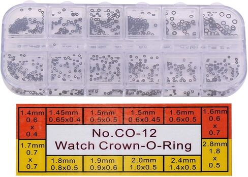 حشوات الختم، 1.4-2.8 ملم 12 مقاس حلقات مطاطية مجموعة صناديق تاج على شكل حرف O بديلة مقاومة للماء للساعات والمعدات الميكانيكية in Kuwait