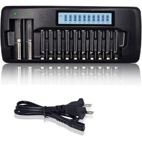 12 Bay LCD Universal Battery Charger for Rechargeable AA AAA NIMH NICD Batteries and 18650 18490 17670 17500 16340 Rechargeable Lithium Batteries, Fast Charger（NOT Include Battery）