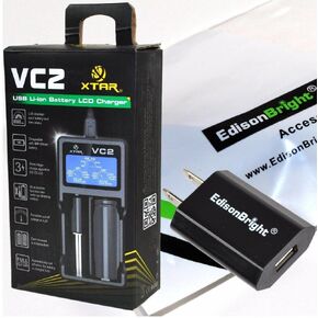 XTAR VC2 universal USB powered smart battery Charger For Li-ion / IMR 10440/14500/14650/16340/17500/17670/18350/18500/18650/ 18700/ 22650/25500/26650 3.6/3.7V types with EdisonBright brand USB power adapter bundle