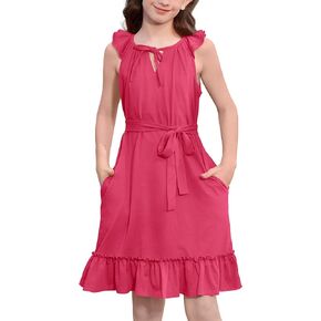 BesserBay Summer Girls Halter Neck Sleeveless Ruffle Dress with Pockets Size 4-12 Years