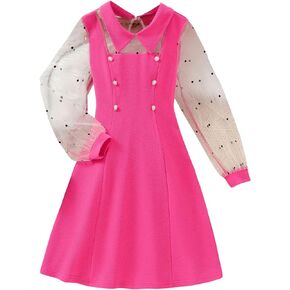 WDIRARA Girl's Sheer Mesh Polka Dots Long Sleeve A Line Dress Button Front Flared Hem Dresses