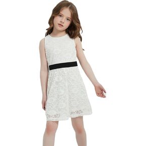 Bobo Bloom Toddler Girls Dress Summer Sleeveless Casual A-line Floral Lace Girl Party Belt Dress for 4-12 Years in Kuwait