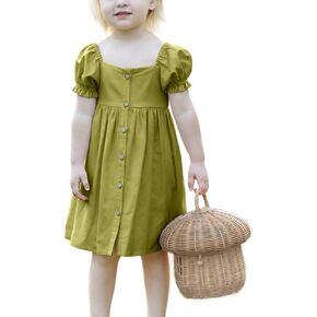 Linen Dress Girl Ruffles Short Puff Sleeve Vintage Toddler Princess Dress Front Wood Buttons Casual Dress for Girls