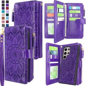 Harryshell Detachable Magnetic Zipper Wallet Leather Case with Cash Coin Pocket 12 Card Slots Holder Wrist Strap Lanyard for Samsung Galaxy S24 Ultra 5G 6.8 inch (2024) (Flower Blue Green) in Kuwait