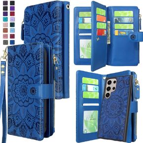 Harryshell Detachable Magnetic Zipper Wallet Leather Case with Cash Coin Pocket 12 Card Slots Holder Wrist Strap Lanyard for Samsung Galaxy S24 Ultra 5G 6.8 inch (2024) (Flower Blue Green)