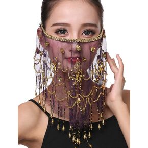 Lauthen.S Women Belly Dance Face Veil with Beads Sequins Halloween Costume Accessory