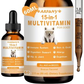 15 in 1 Multivitamin for Dogs | 60ML Dog Multivitamin Liquid Support Joint, Gut & Immune Health | Dog Liquid Vitamins for Digestion, Heart, Skin & Coat | Vitamin Supplements for Dogs | Bacon Flavor