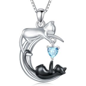 LONAGO White Cat and Black Cat Moon Pendant Necklace Silver Cat Necklace Jewelry Gift for Women Girls