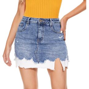 VIPONES Women Denim Skirt High Waist Raw Hem Stretch Ripped Casual Mini Jean Skirts