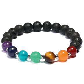 Handmade 7 Chakra Stretch Protection Bracelet for Women Men, Natural Semi Precious Gemstone Small Silver Beads, Healing Crystals, Unisex Yoga Beaded Black Lava Stone Bracelets