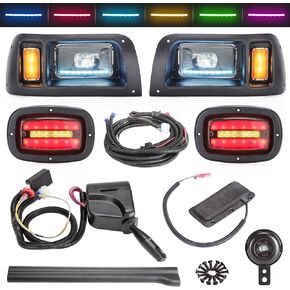 10L0L Deluxe Golf Cart Light Kit for Club Car DS, Full Headlight Taillight Kit with RGB Daytime Running Lamp Low High Beam Turn Signal Horn Brake Pad Hazard Blinker