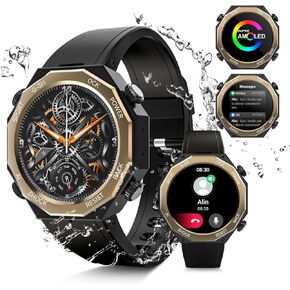 Alpha Gear Smart Watch for Men (Answer/Make Call) 1.45" AMOLED Tactical Outdoor 100M Waterproof Fitness Tracker Smart Watches with Heart Rate Blood Pressure SpO2 Smartwatch iOS Android Phones with GPS