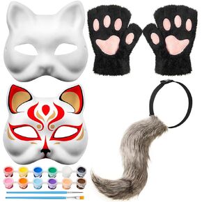Therian Mask and Tail Set 1 Cat Mask 1 Pair Cat Claw Plush Gloves 1 Fox Fur Faux Tail White Cat Mask Blank DIY Halloween Mask Animal Half Facemask Masquerade Cosplay Party (Painting Include)