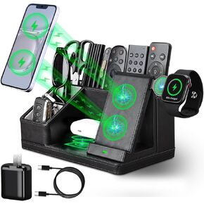 LADSTAG Black Leather Desk Organizer With Charging Station,Office Supplies Desk Accessories,Pen Holder for Desk,Remote Control Holder,Desk Organizer With Phone Charger,Nightstand Desktop Organizer