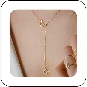 Yheakne Boho Star Lariat Necklace Choker Gold Crescent Moon Necklace Hollow Star Pendant Necklace Chain Minimalist Y Necklace Jewelry for Women and Girls