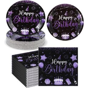 Happy Birthday Party Supplies Tableware Set Disposable Happy Birthday Plates and Napkins for 60 Guests Man Woman 50th 70th 80th Birthday Party Decorations(Black Gold, 120 Pcs)