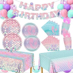 Mermaid Birthday Decorations, 147Pcs Mermaid Party Supplies-Serves 24 with Mermaid Plates and Napkins Tablecloth and Birthday Banner Balloons for Mermaid Theme Party Decorations