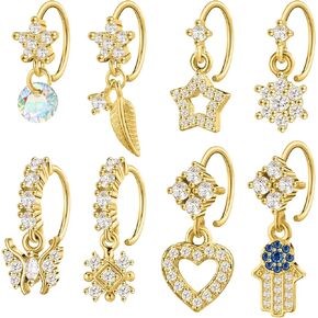 Landical 8 Pcs Dangle Nose Rings Hoop Gold Dangle Nose Ring Butterfly Star Heart Nose Ring with Charm Cartilage Earring for Women