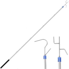 Clothes Hook Pole，74-inch Adjustable Pole，Suitable for Hanging Christmas Light Pole, Closet Reacher Pole with Hook, with Hooks Hanger Pole，Pole Hooks Made of Stainless Steel and 2 Long Hooks