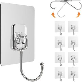 Lsnisni 10 Pack Large Adhesive Hooks, Wall Hooks for Hanging Heavy Duty 22Ib(Max), Clear and Removable Strong Sticky Hooks, Waterproof and Rustproof Multiple Uses for Bathroom Kitchen Office