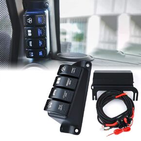Xprite Left Side A-Pillar 4-Switch Panel Pod Distribution Control System with Blue Backlight and Relay Box, Rocker Switch Panel Kit Compatible with 2007-2018 Jeep Wrangler JK JKU
