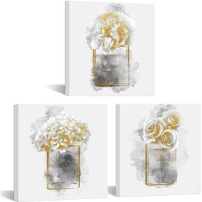 HOMEOART Gold Grey Flower Bathroom Decor Picture Perfume Bottle with Flower Fashion Canvas Wall Art Framed Ready to Hang 12x12inchx3Pieces