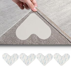 Carpet Stickers, 4 Pack Double Sided Carpet Adhesive Tape Carpet Gripper Anti Slip Mat Reusable Washable Heart Shaped Non Slip Ultra Thin Carpet Corner Tape White S