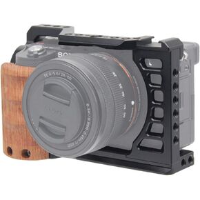 Camera Cage for Sony A7C / ILCE-7C, Vlogging Video Rig Stabilizer Accessories with Wooden Handle Grip, Cold Shoe, 1/4" Mounting Points and 3/8" Locating Hole