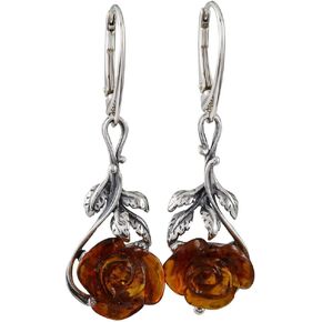Sterling Silver and Baltic Honey Amber Leverback Earrings Open Rose