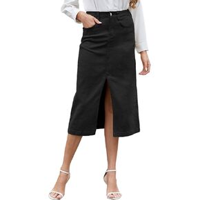 Women's Cargo Midi Skirt High Elastic Waist Front Slit Vintage Style Trendy Long Solid Skirts for Women