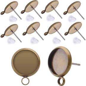 Aylifu 20 Pieces Bronze Cabochon Blank Earring Studs 10mm Earring Post and 20 Pieces Silicone Clear Earring Back for Earring Making