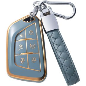 Compatible with Cadillac Key Fob Cover with Leather Lanyard, Car Key Case Shell Protection for Cadillac ATS CT5 CT6 XT4 XT5 XTS 5/6 buttons Smart Remote Control Protector.,Black