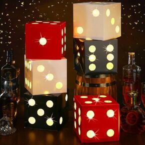 Motipuns 6 Pcs Large Dice Favor Boxes with Light,Large Dice Box Casino Party Decorations, Casino Birthday Party Balloon Boxes for Game Night Las Vegas Party Decorations (White, Black, Red,6.7 Inch)