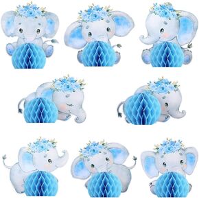 Glenmal 8 Pcs Blue Elephant Honeycomb Centerpieces Blue Elephant Birthday Table Decorations Floral Elephant Party Favors for Birthday Party Supplies, 8 Styles