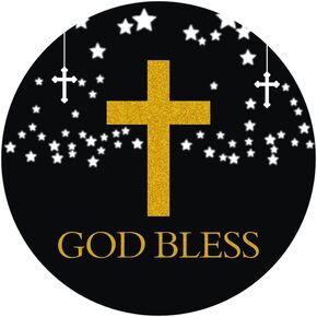 Fedyufook Black and Gold Cross Stickers God Bless Sticker Labels for Religious Baptism, Confirmation, Christening, First Communion - 2 Inches - 50 Count