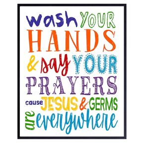 Wash Your Hands and Say Your Prayers Sign - Christian Wall Art - Religious Wall Decor - Jesus Wall Decor - Kids Bathroom Decor - Catholic Wall Decor - Cute Funny Bathroom Wall Art